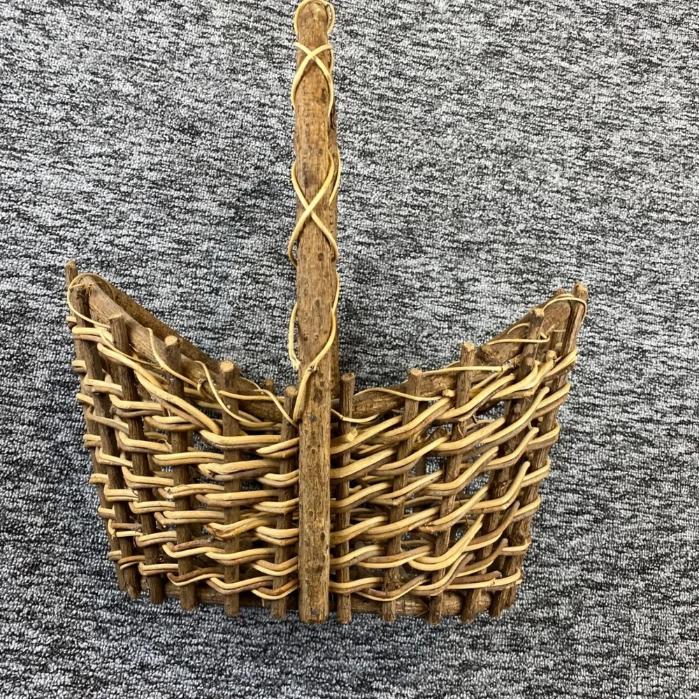 Old Rustic Twig Woven Basket Natural Vine Handle Folk Art Country Decor